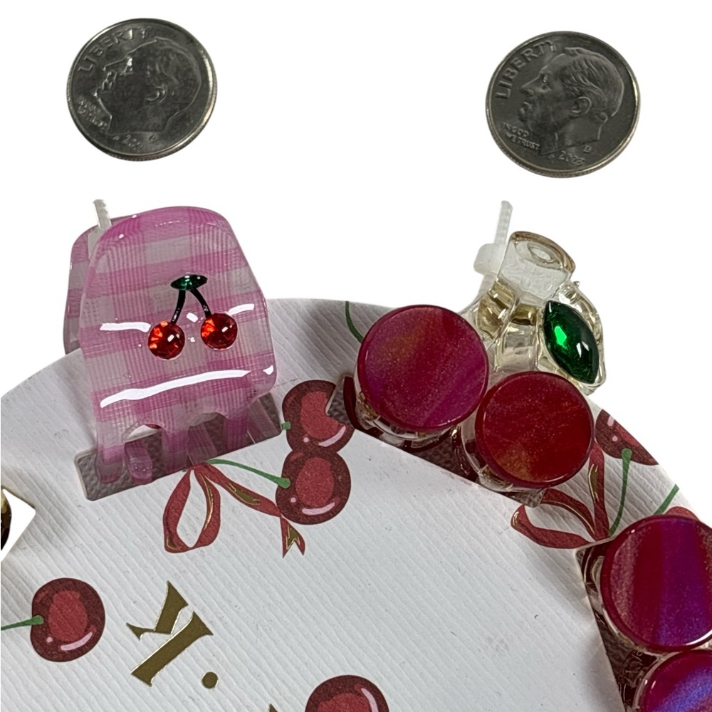 Piper K Cherry Rhinestone Mini Hair Clip Set - Cream, Red and Pink - Picture 4 of 4